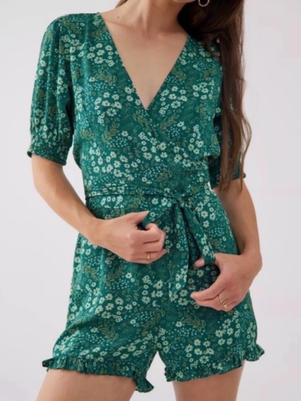 S Urban Outfitters Green Floral Wrap Romper